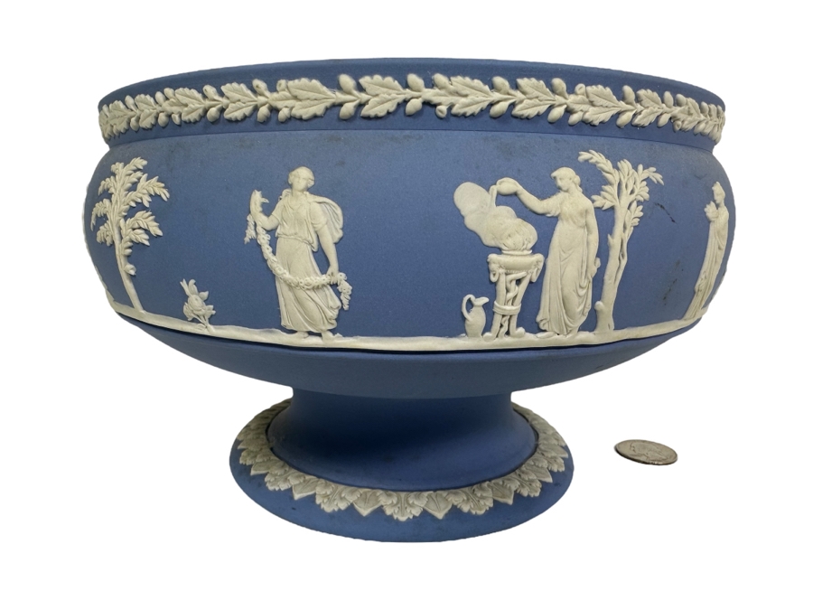 Vintage Wedgwood Jasperware Pale Blue Footed Pedestal Bowl with Sacrificial Characters 8W x 5H [Photo 1]