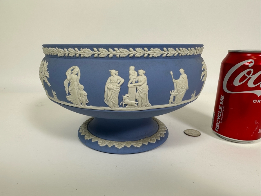 Vintage Wedgwood Jasperware Pale Blue Footed Pedestal Bowl with Sacrificial Characters 8W x 5H [Photo 2]