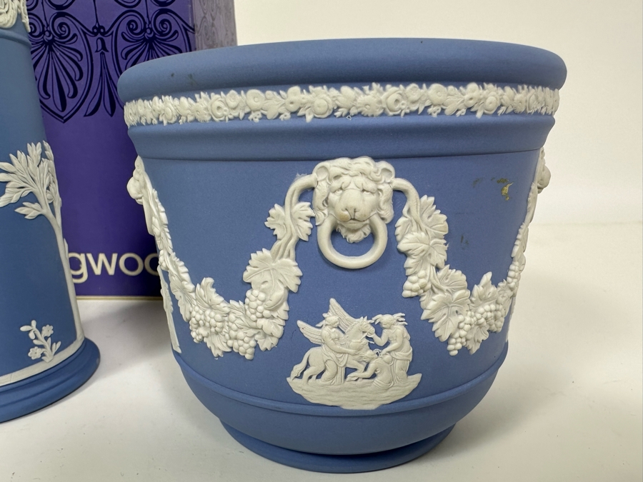 Lot of Vintage Wedgwood Jasperware Pale Blue Bowl, Spill Vase with Box and Cupid Vase 3.75H, 6.5H and 4.5H [Photo 10]