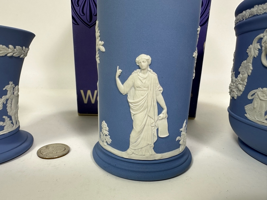 Lot of Vintage Wedgwood Jasperware Pale Blue Bowl, Spill Vase with Box and Cupid Vase 3.75H, 6.5H and 4.5H [Photo 7]