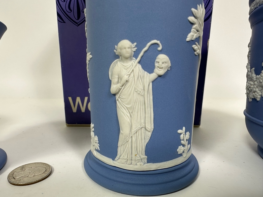 Lot of Vintage Wedgwood Jasperware Pale Blue Bowl, Spill Vase with Box and Cupid Vase 3.75H, 6.5H and 4.5H [Photo 6]