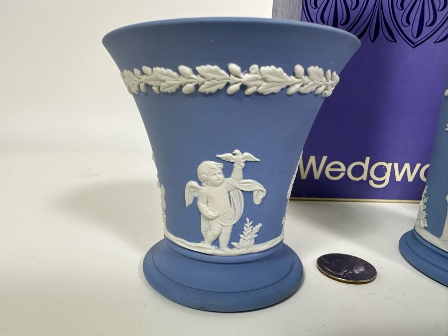 Lot of Vintage Wedgwood Jasperware Pale Blue Bowl, Spill Vase with Box and Cupid Vase 3.75H, 6.5H and 4.5H [Photo 13]