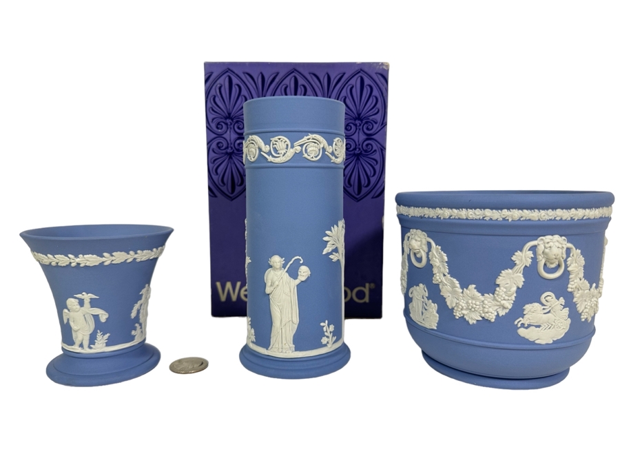 Lot of Vintage Wedgwood Jasperware Pale Blue Bowl, Spill Vase with Box and Cupid Vase 3.75H, 6.5H and 4.5H [Photo 1]