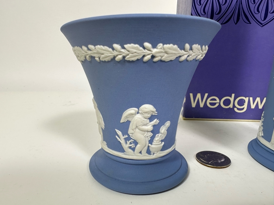 Lot of Vintage Wedgwood Jasperware Pale Blue Bowl, Spill Vase with Box and Cupid Vase 3.75H, 6.5H and 4.5H [Photo 15]