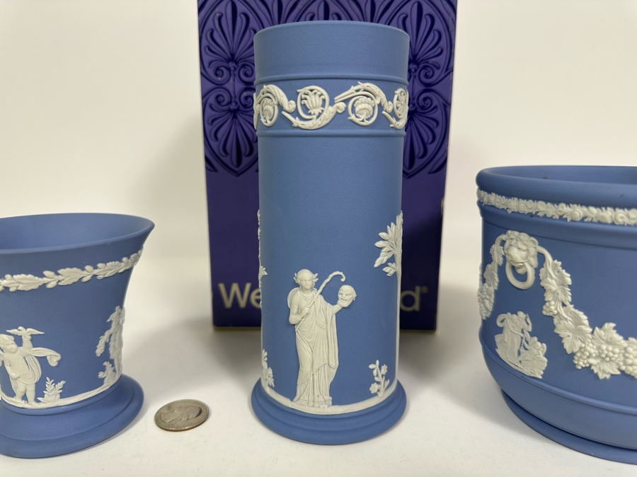 Lot of Vintage Wedgwood Jasperware Pale Blue Bowl, Spill Vase with Box and Cupid Vase 3.75H, 6.5H and 4.5H [Photo 5]