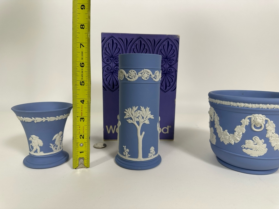 Lot of Vintage Wedgwood Jasperware Pale Blue Bowl, Spill Vase with Box and Cupid Vase 3.75H, 6.5H and 4.5H [Photo 23]