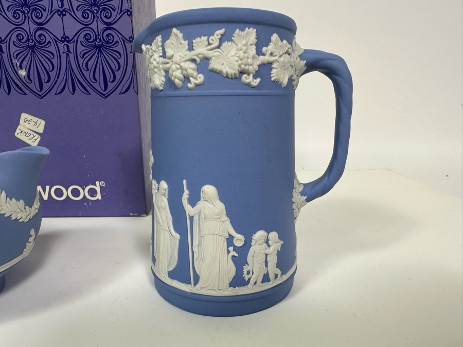 Lot of Vintage Wedgwood Jasperware Pale Blue Estruscan Jug with Box, Creamer Jug with Box, Creamer and Cameo Pitcher 6, 5.25, 3 and 4.25H [Photo 10]
