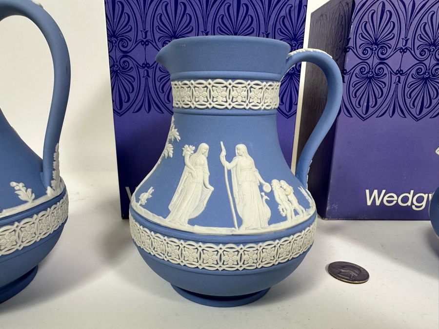 Lot of Vintage Wedgwood Jasperware Pale Blue Estruscan Jug with Box, Creamer Jug with Box, Creamer and Cameo Pitcher 6, 5.25, 3 and 4.25H [Photo 7]