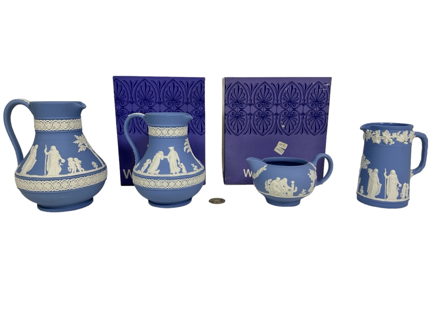 Lot of Vintage Wedgwood Jasperware Pale Blue Estruscan Jug with Box, Creamer Jug with Box, Creamer and Cameo Pitcher 6, 5.25, 3 and 4.25H [Photo 1]