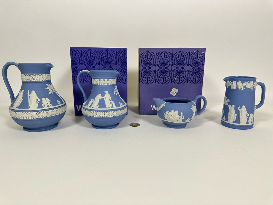 Lot of Vintage Wedgwood Jasperware Pale Blue Estruscan Jug with Box, Creamer Jug with Box, Creamer and Cameo Pitcher 6, 5.25, 3 and 4.25H [Photo 2]