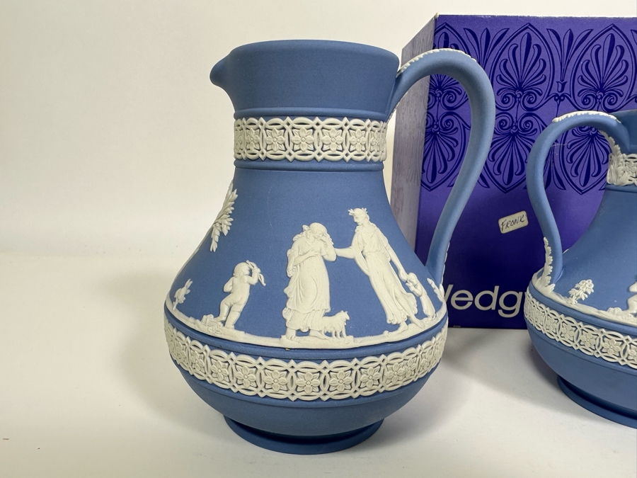 Lot of Vintage Wedgwood Jasperware Pale Blue Estruscan Jug with Box, Creamer Jug with Box, Creamer and Cameo Pitcher 6, 5.25, 3 and 4.25H [Photo 5]