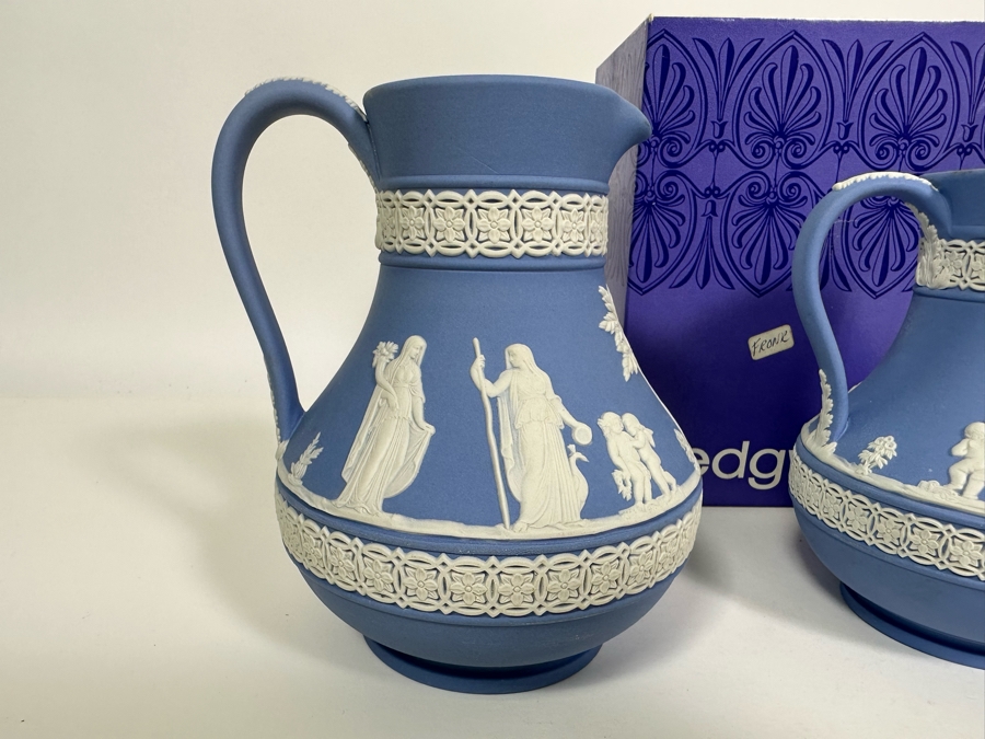 Lot of Vintage Wedgwood Jasperware Pale Blue Estruscan Jug with Box, Creamer Jug with Box, Creamer and Cameo Pitcher 6, 5.25, 3 and 4.25H [Photo 4]