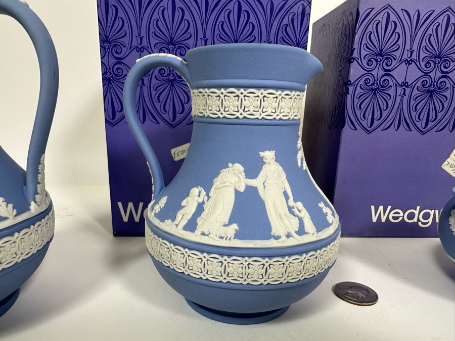 Lot of Vintage Wedgwood Jasperware Pale Blue Estruscan Jug with Box, Creamer Jug with Box, Creamer and Cameo Pitcher 6, 5.25, 3 and 4.25H [Photo 6]