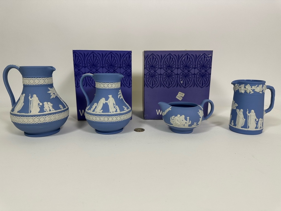 Lot of Vintage Wedgwood Jasperware Pale Blue Estruscan Jug with Box, Creamer Jug with Box, Creamer and Cameo Pitcher 6, 5.25, 3 and 4.25H [Photo 3]