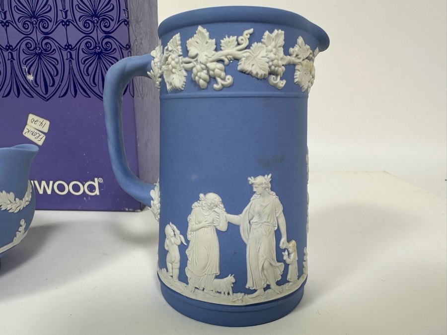 Lot of Vintage Wedgwood Jasperware Pale Blue Estruscan Jug with Box, Creamer Jug with Box, Creamer and Cameo Pitcher 6, 5.25, 3 and 4.25H [Photo 11]