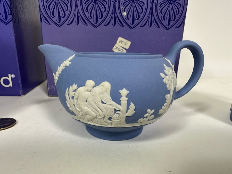 Lot of Vintage Wedgwood Jasperware Pale Blue Estruscan Jug with Box, Creamer Jug with Box, Creamer and Cameo Pitcher 6, 5.25, 3 and 4.25H [Photo 8]