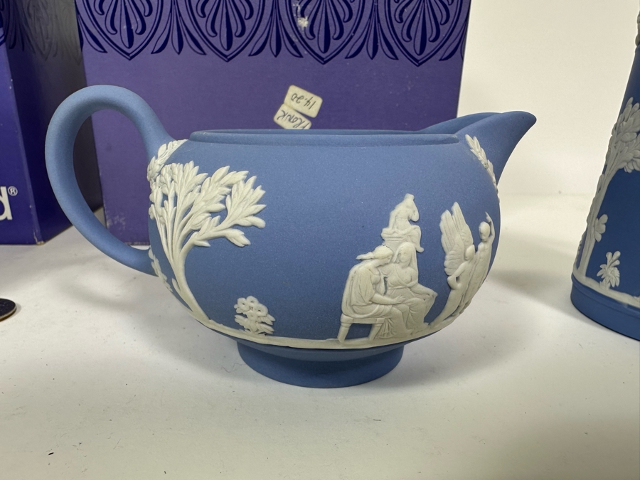 Lot of Vintage Wedgwood Jasperware Pale Blue Estruscan Jug with Box, Creamer Jug with Box, Creamer and Cameo Pitcher 6, 5.25, 3 and 4.25H [Photo 9]
