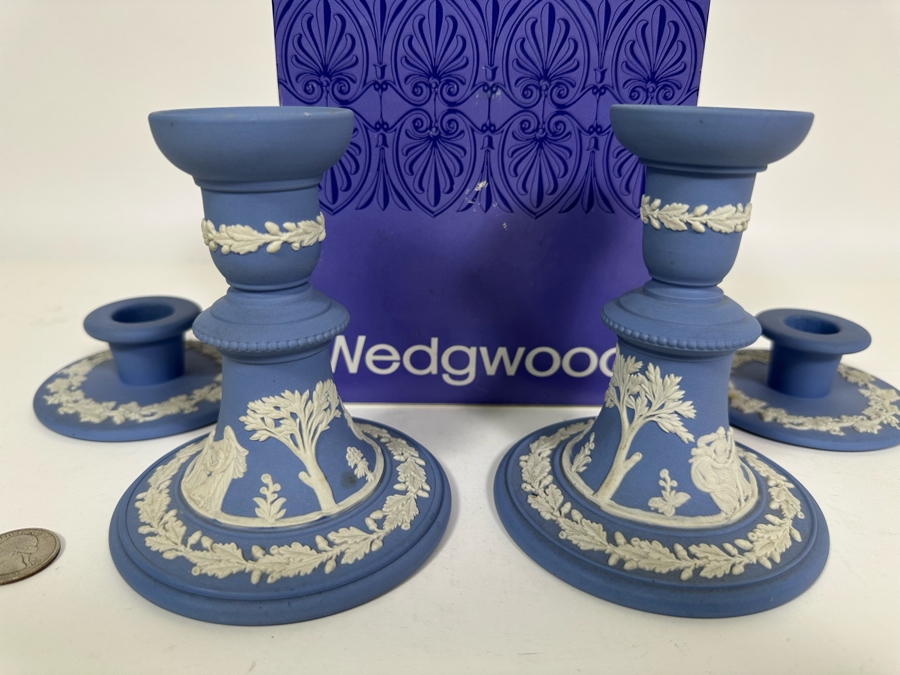Lot of Vintage Wedgwood Jasperware Pale Blue Reading Candlesticks and Candle Holders with Lighter and One Box. 5H and 1.5H	 [Photo 8]