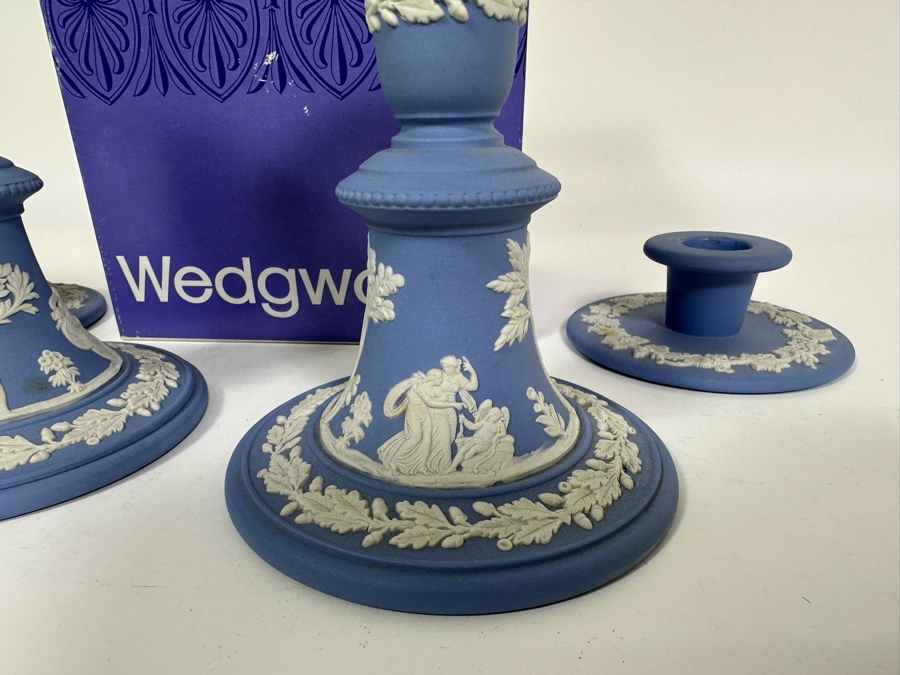 Lot of Vintage Wedgwood Jasperware Pale Blue Reading Candlesticks and Candle Holders with Lighter and One Box. 5H and 1.5H	 [Photo 10]