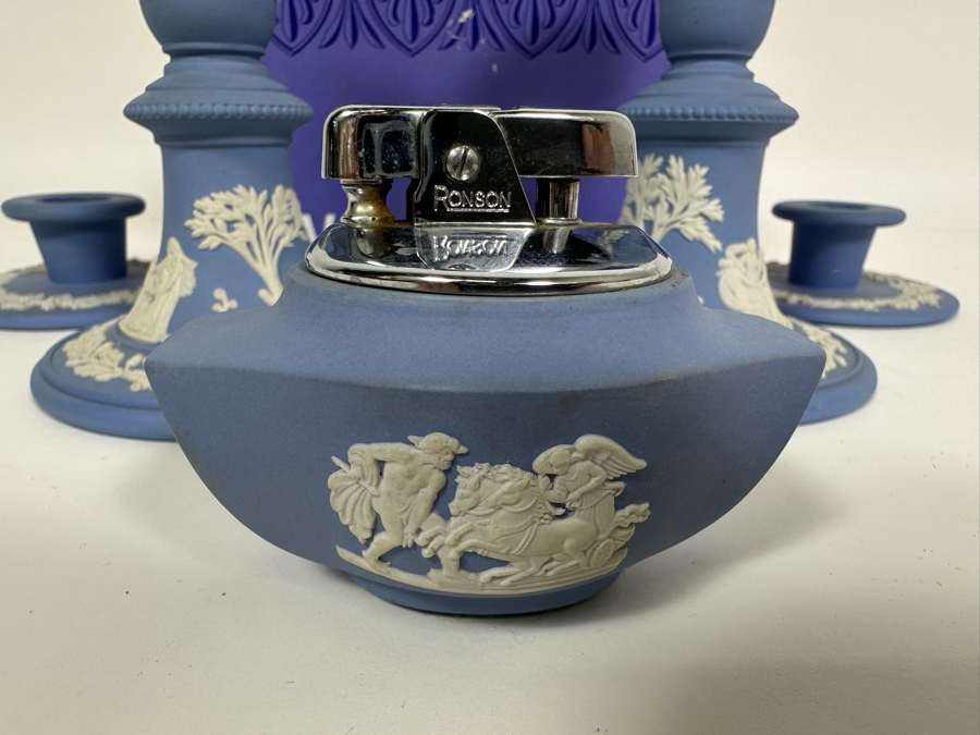 Lot of Vintage Wedgwood Jasperware Pale Blue Reading Candlesticks and Candle Holders with Lighter and One Box. 5H and 1.5H	 [Photo 6]