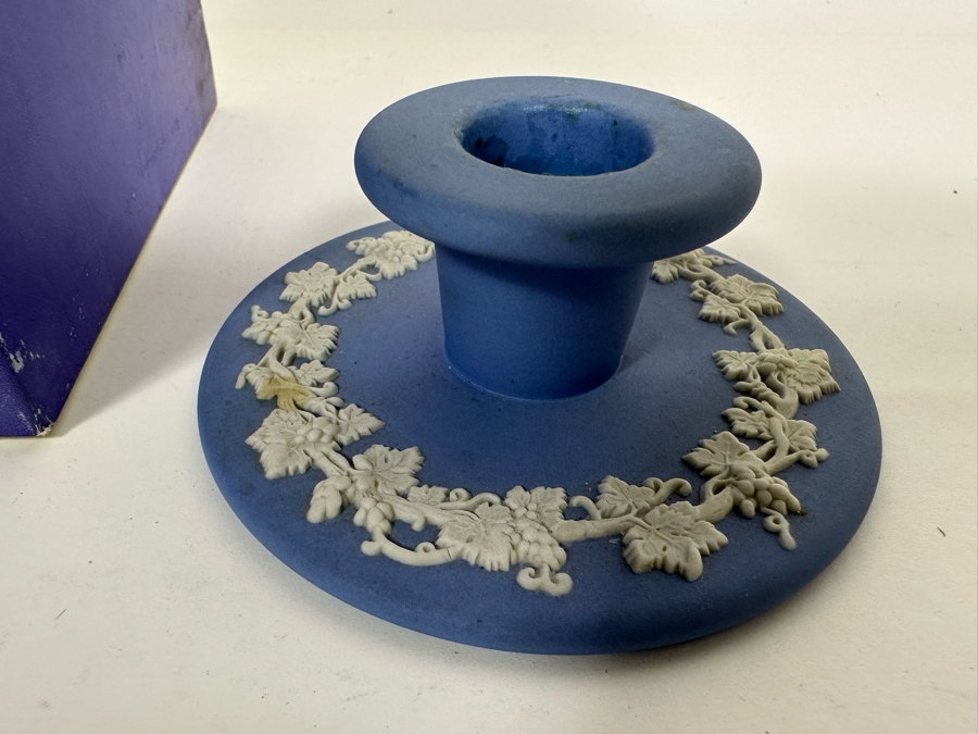 Lot of Vintage Wedgwood Jasperware Pale Blue Reading Candlesticks and Candle Holders with Lighter and One Box. 5H and 1.5H	 [Photo 12]