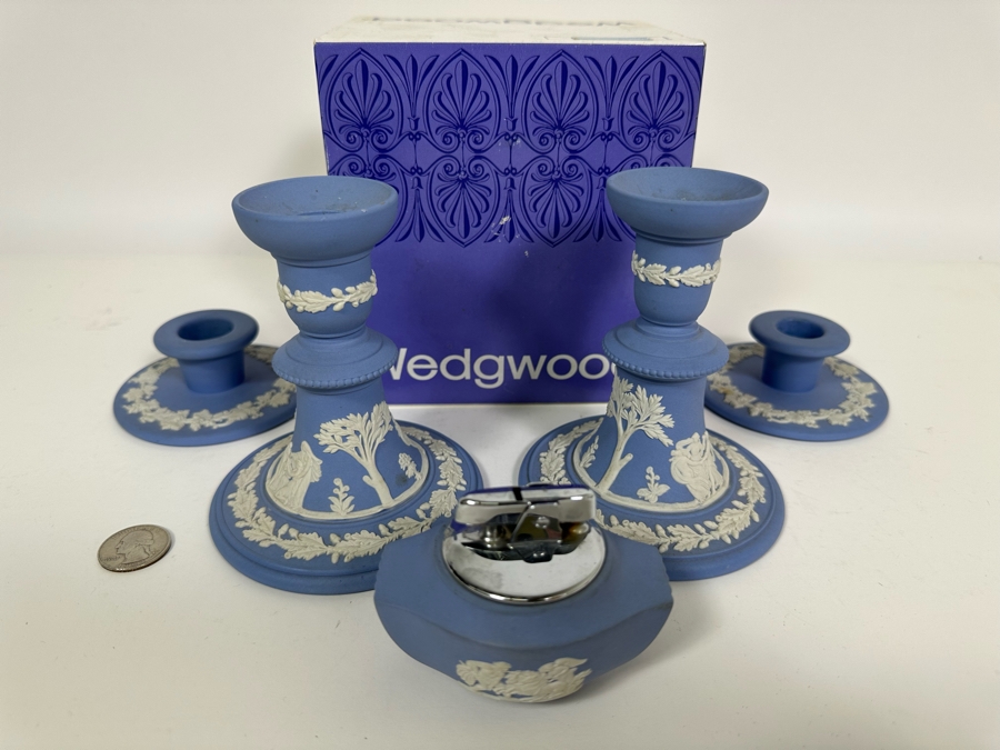 Lot of Vintage Wedgwood Jasperware Pale Blue Reading Candlesticks and Candle Holders with Lighter and One Box. 5H and 1.5H	 [Photo 4]