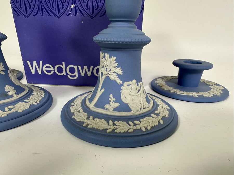 Lot of Vintage Wedgwood Jasperware Pale Blue Reading Candlesticks and Candle Holders with Lighter and One Box. 5H and 1.5H	 [Photo 9]
