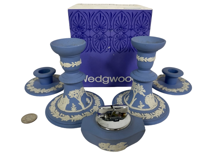 Lot of Vintage Wedgwood Jasperware Pale Blue Reading Candlesticks and Candle Holders with Lighter and One Box. 5H and 1.5H	 [Photo 1]