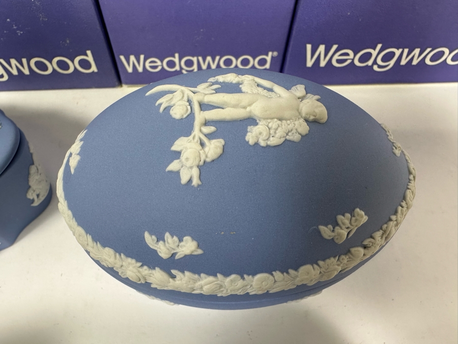 Lot of Vintage Wedgwood Jasperware Pale Blue Boxes including Candy Heart Box, Egg Candy Box, Candy Box, Square Trinket Box. From 4W to 5W [Photo 9]
