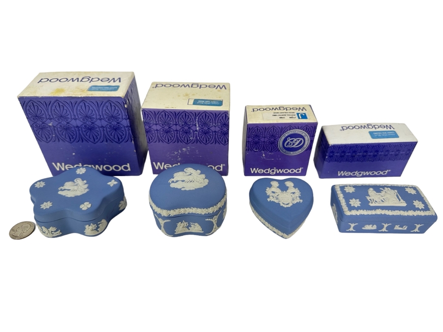 Lot of Vintage Wedgwood Jasperware Pale Blue Boxes including Oblong Candy Box, Mini Heart Box, Candy Box Bean, Candy Box Pentefoil From 2.75W to 4W [Photo 1]