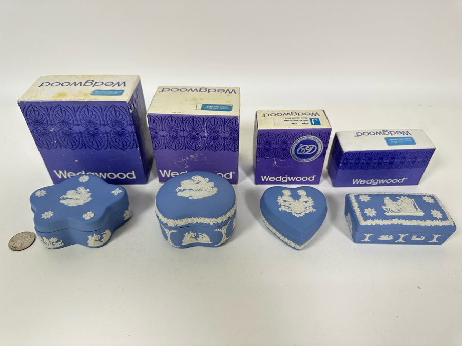 Lot of Vintage Wedgwood Jasperware Pale Blue Boxes including Oblong Candy Box, Mini Heart Box, Candy Box Bean, Candy Box Pentefoil From 2.75W to 4W [Photo 2]