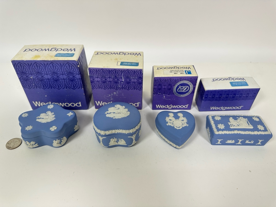 Lot of Vintage Wedgwood Jasperware Pale Blue Boxes including Oblong Candy Box, Mini Heart Box, Candy Box Bean, Candy Box Pentefoil From 2.75W to 4W [Photo 3]