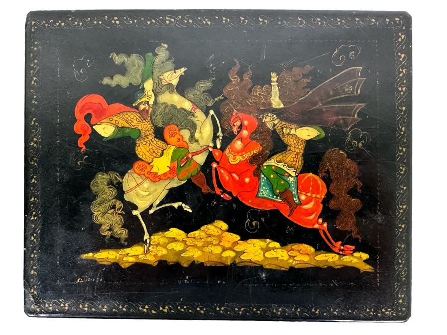 Hand Painted Russian Lacquer Box Signed 6W X 5D X 1.25H