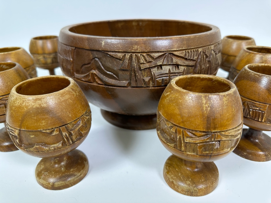 Vintage Monkey Pod Tiki Hut Carved Wooden Punch Bowl 9.5W With Twelve Goblets [Photo 4]