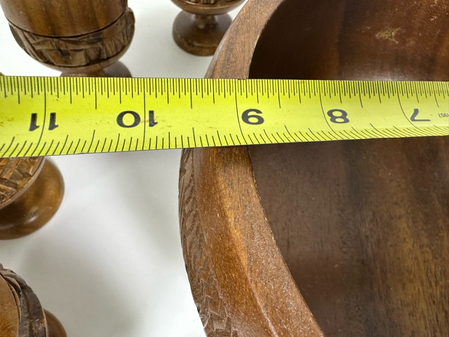Vintage Monkey Pod Tiki Hut Carved Wooden Punch Bowl 9.5W With Twelve Goblets [Photo 7]