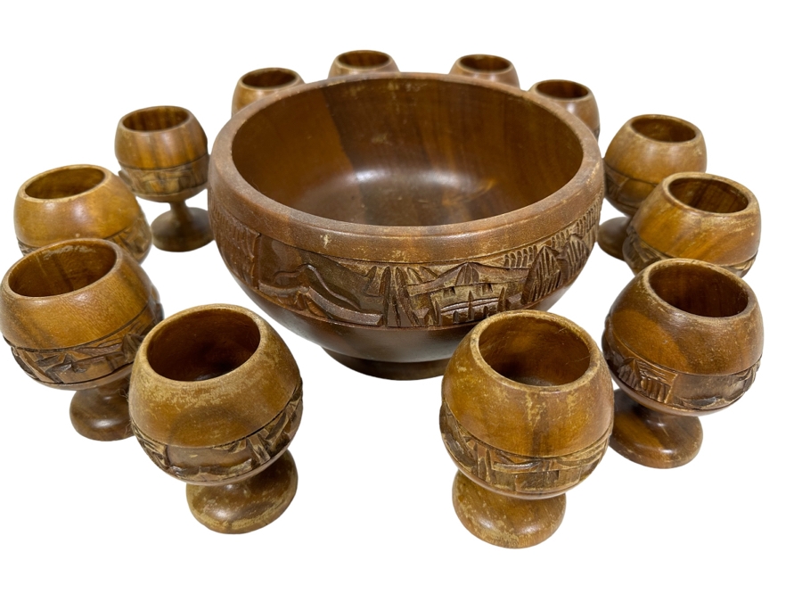 Vintage Monkey Pod Tiki Hut Carved Wooden Punch Bowl 9.5W With Twelve Goblets [Photo 1]