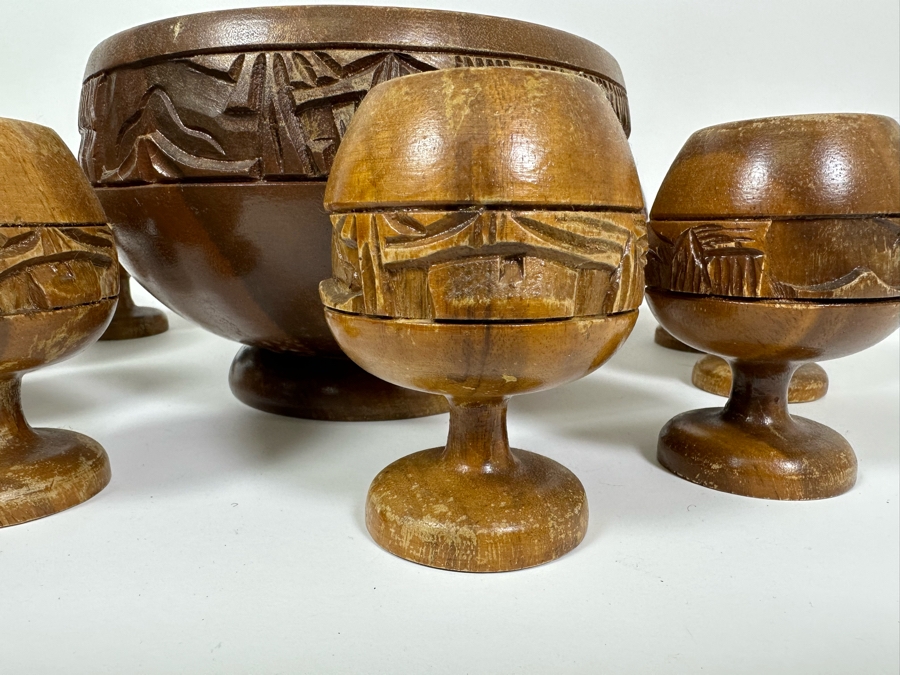 Vintage Monkey Pod Tiki Hut Carved Wooden Punch Bowl 9.5W With Twelve Goblets [Photo 5]