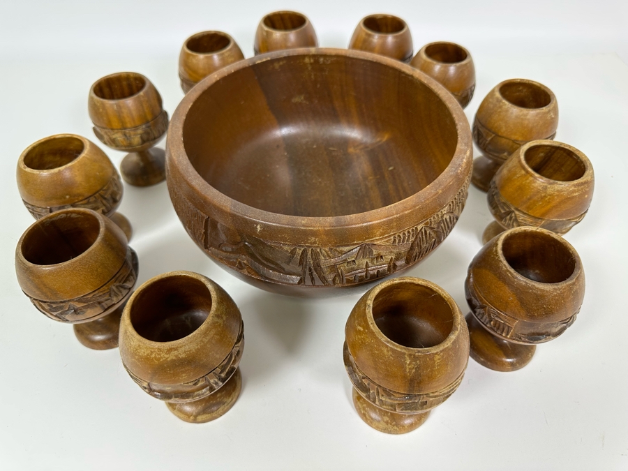 Vintage Monkey Pod Tiki Hut Carved Wooden Punch Bowl 9.5W With Twelve Goblets [Photo 3]