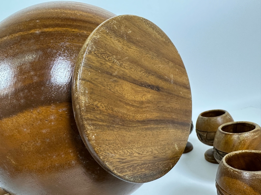 Vintage Monkey Pod Tiki Hut Carved Wooden Punch Bowl 9.5W With Twelve Goblets [Photo 6]