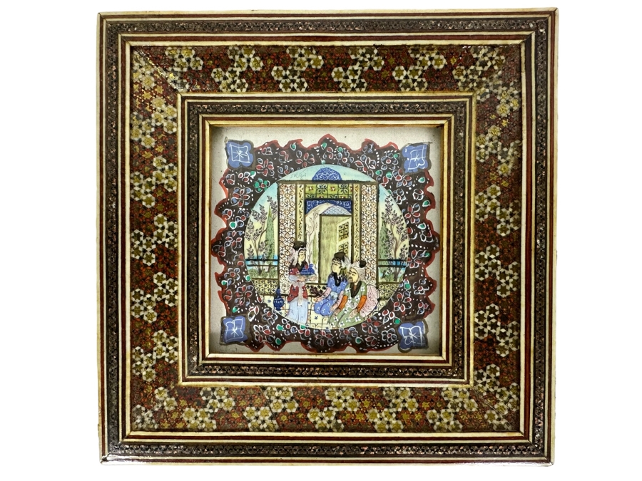 Vintage Persian Indian Handmade Inlaid Mosaic Marquetry Wooden Frame With Original Painting 7 X 7