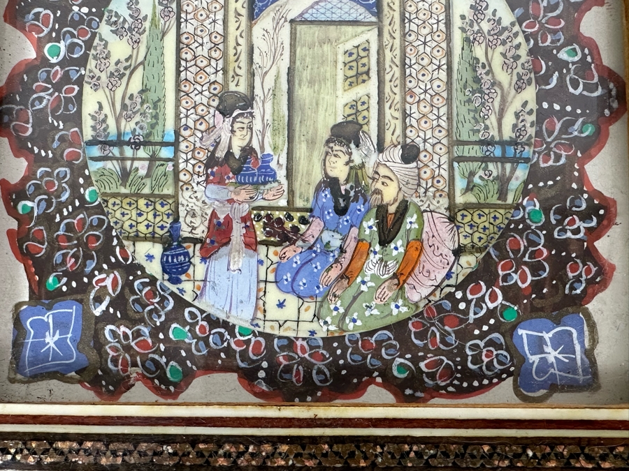 Vintage Persian Indian Handmade Inlaid Mosaic Marquetry Wooden Frame With Original Painting 7 X 7 [Photo 4]