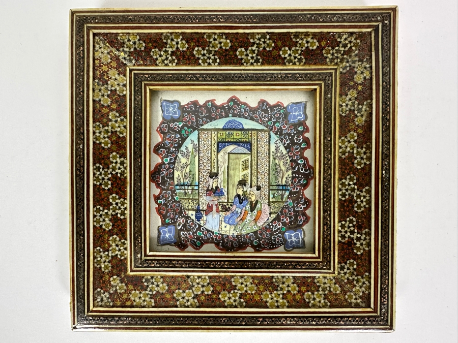 Vintage Persian Indian Handmade Inlaid Mosaic Marquetry Wooden Frame With Original Painting 7 X 7 [Photo 2]
