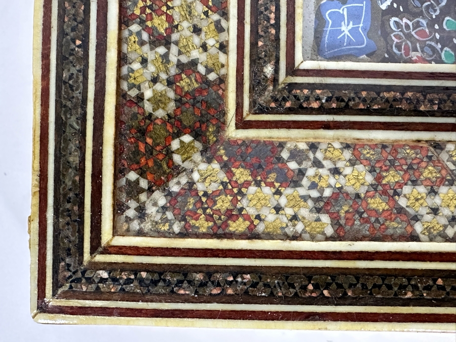 Vintage Persian Indian Handmade Inlaid Mosaic Marquetry Wooden Frame With Original Painting 7 X 7 [Photo 6]