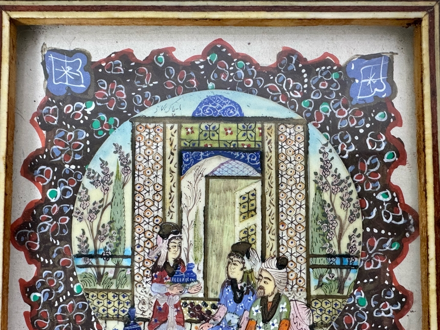 Vintage Persian Indian Handmade Inlaid Mosaic Marquetry Wooden Frame With Original Painting 7 X 7 [Photo 5]