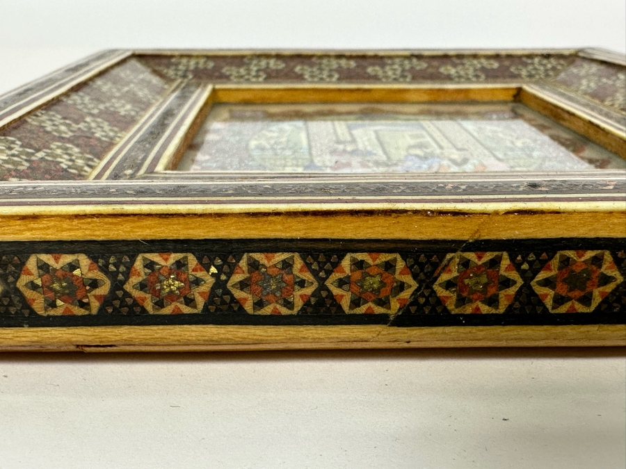 Vintage Persian Indian Handmade Inlaid Mosaic Marquetry Wooden Frame With Original Painting 7 X 7 [Photo 8]