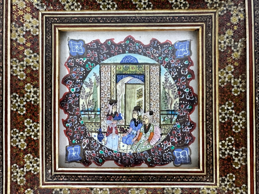 Vintage Persian Indian Handmade Inlaid Mosaic Marquetry Wooden Frame With Original Painting 7 X 7 [Photo 3]
