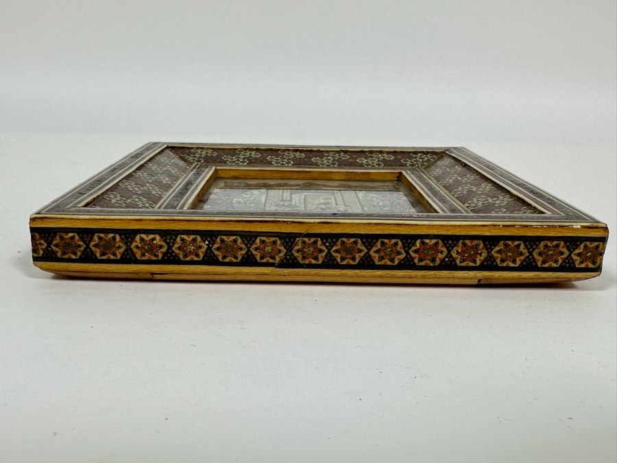 Vintage Persian Indian Handmade Inlaid Mosaic Marquetry Wooden Frame With Original Painting 7 X 7 [Photo 7]