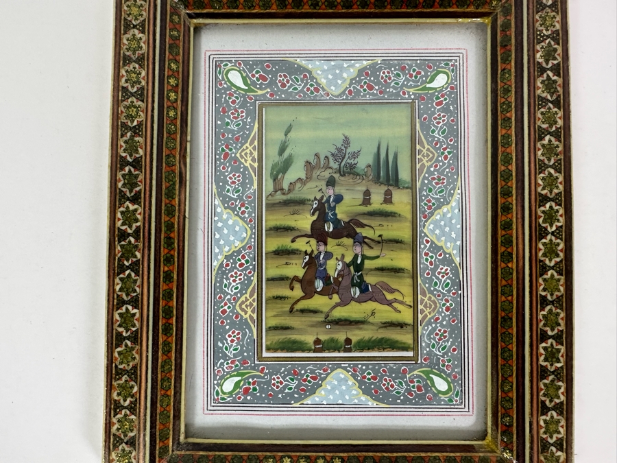Vintage Persian Indian Handmade Inlaid Mosaic Marquetry Wooden Frame With Original Painting 7 X 9 [Photo 4]