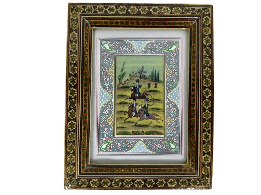 Vintage Persian Indian Handmade Inlaid Mosaic Marquetry Wooden Frame With Original Painting 7 X 9