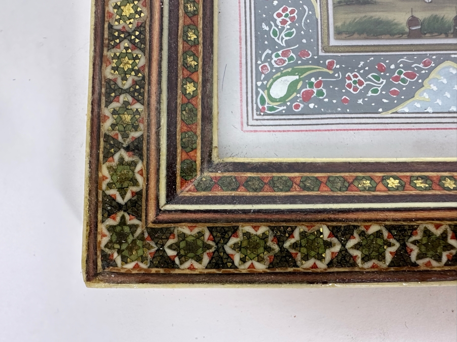 Vintage Persian Indian Handmade Inlaid Mosaic Marquetry Wooden Frame With Original Painting 7 X 9 [Photo 9]